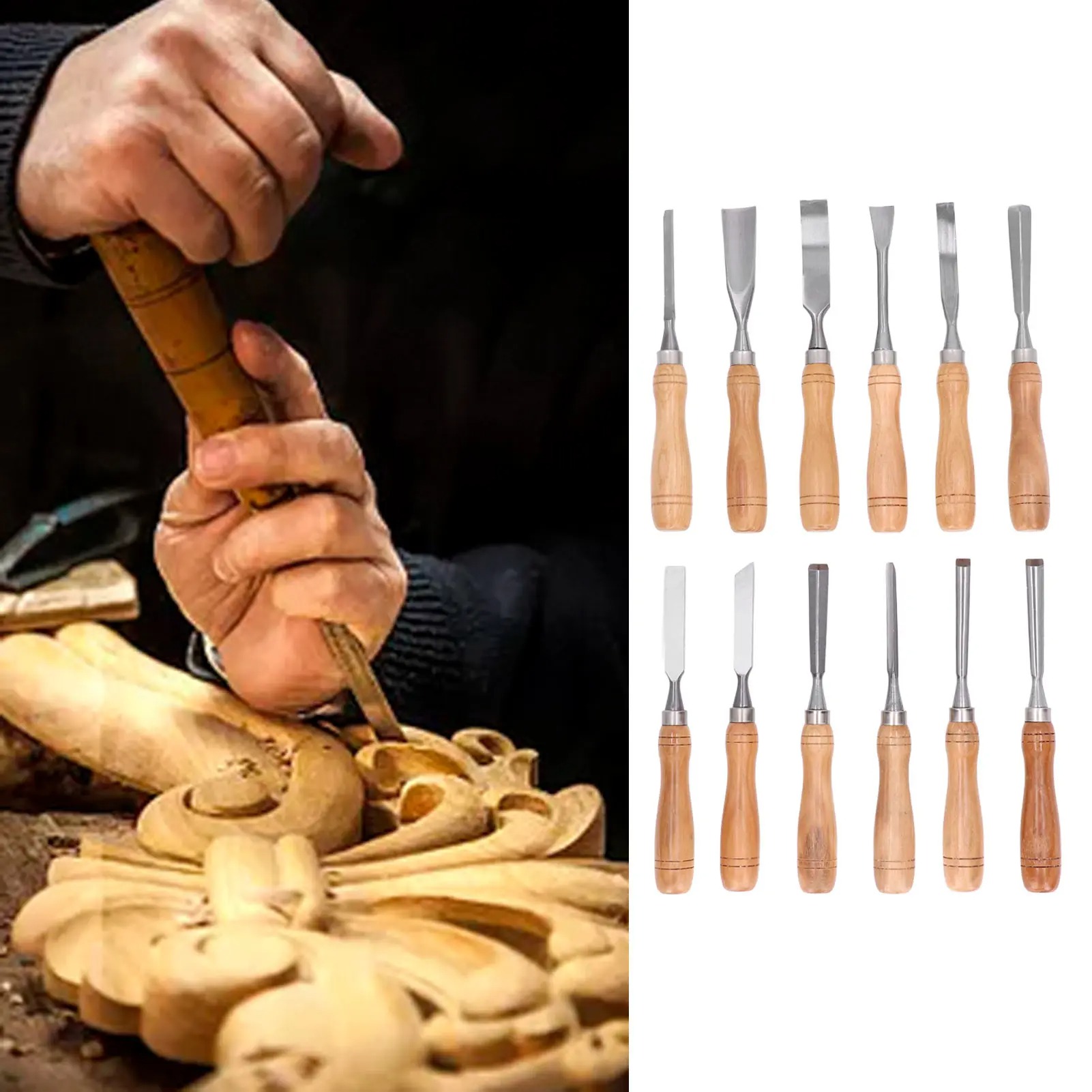12個/セット木彫り工具、CRVブレード木製ハンドル彫刻刀セ - Chisel Set Wood のレビューと価格
